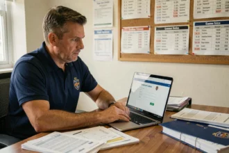 Administrateur de club de football connecté au portail Footclub Login FFF sur son ordinateur portable dans un bureau de club