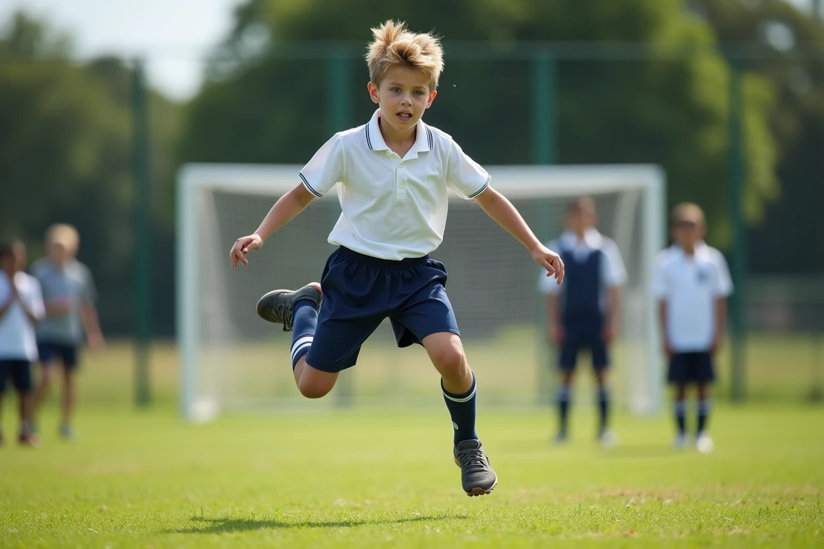 Adolescent sautant lors d'un burpee en cours d'éducation physique sur un terrain de sport herbeux