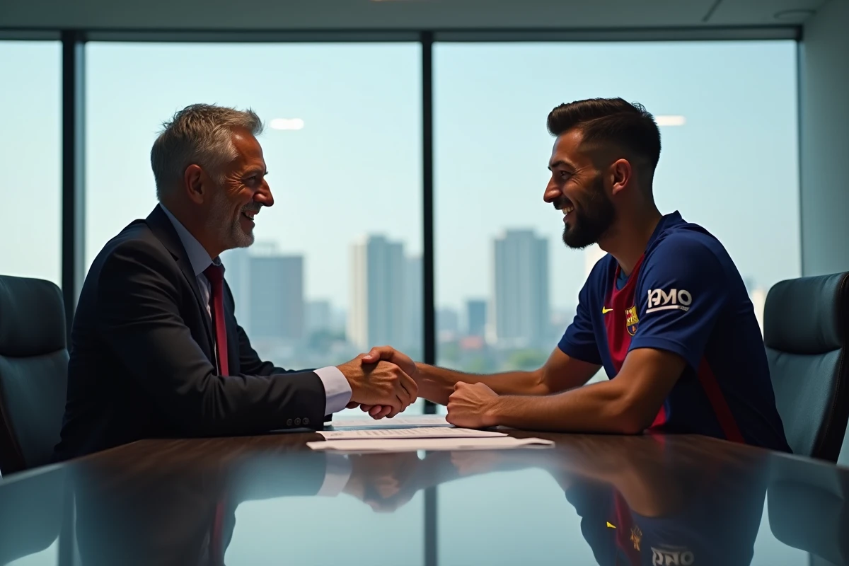 Agent sportif discutant contrat avec joueur FC Barcelona