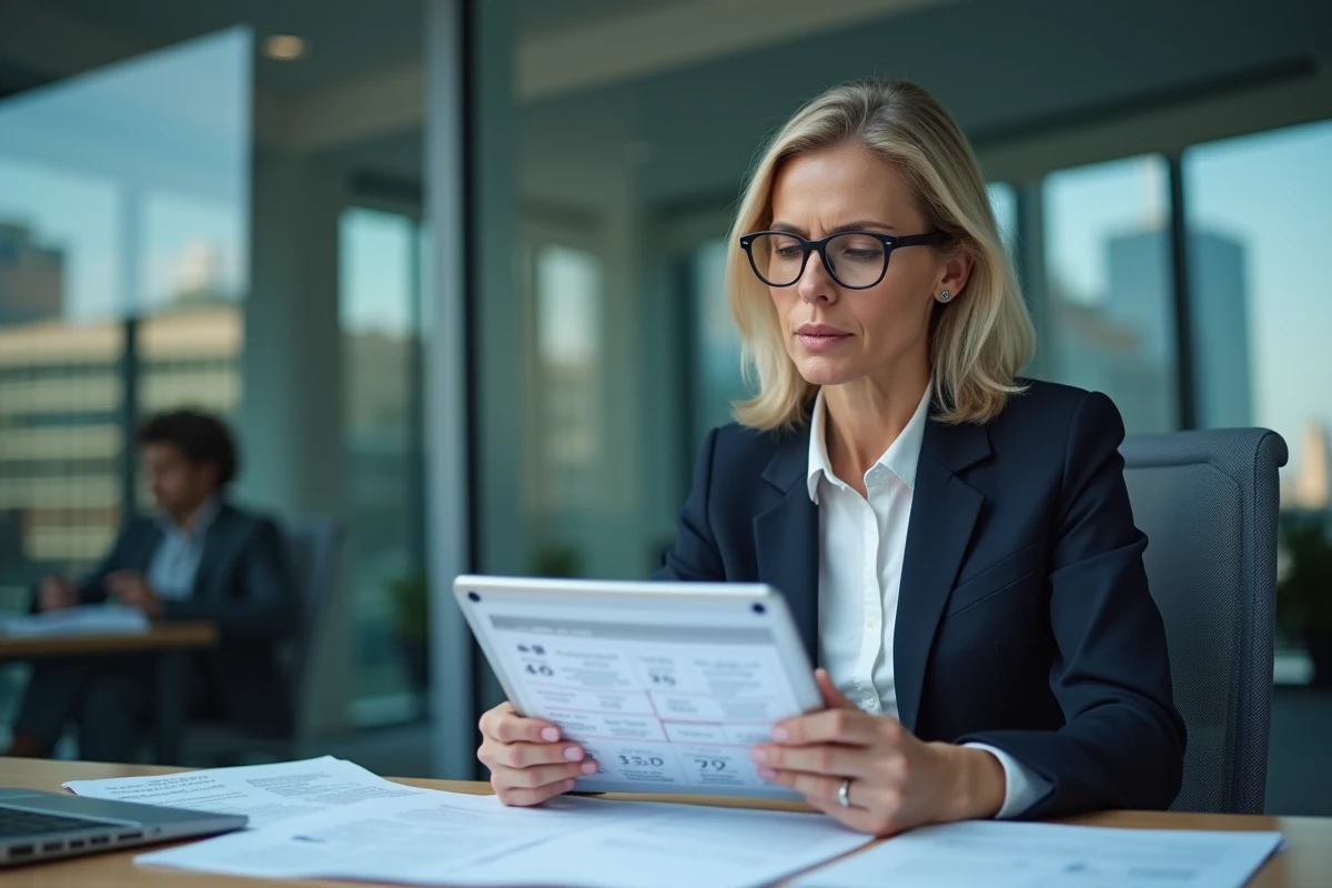 Agente sportive analysant des statistiques de joueuses et des documents de transfert dans un bureau d'agence moderne lors du mercato féminin 2026
