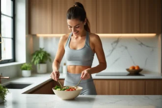 Femme préparant un repas équilibré avec légumes et protéines pour perdre du ventre durablement