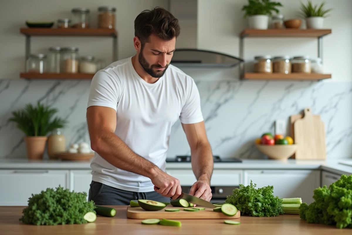 Homme préparant un repas sain à base de légumes frais pour réduire la graisse abdominale et du bas ventre