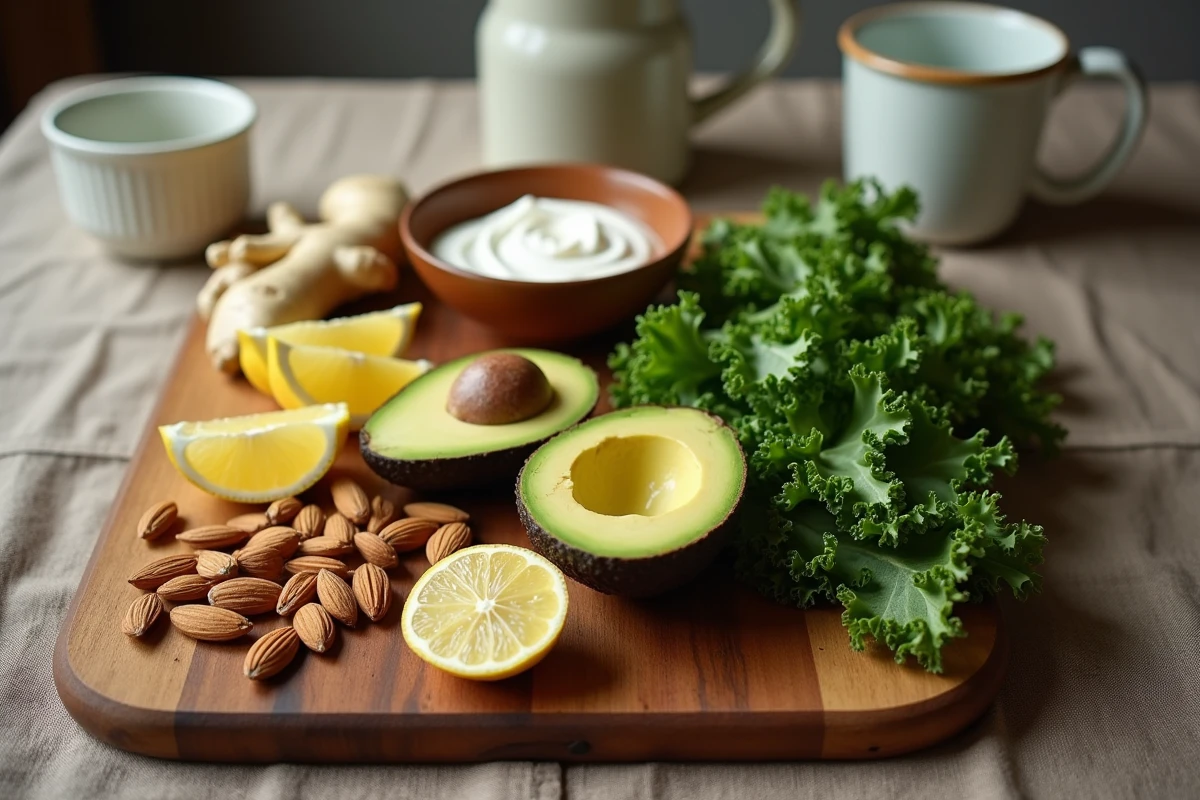 Sélection d'aliments naturels pour réduire la graisse abdominale sur une planche en bois