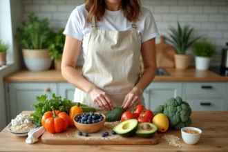 Femme préparant un repas sain avec des légumes frais, avocat et fruits rouges pour perdre du ventre