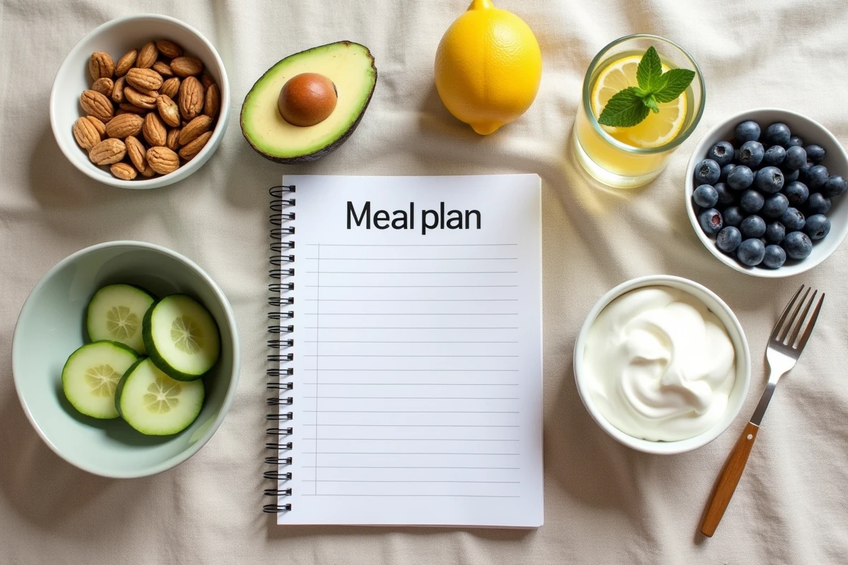 Vue aérienne d'aliments sains pour un régime ventre plat avec plan de repas