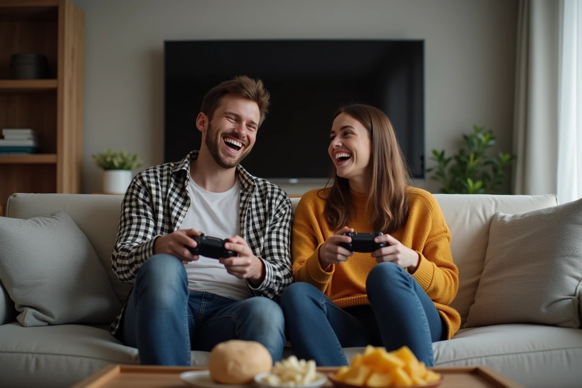 Deux amis riant en jouant sur une console dans le salon