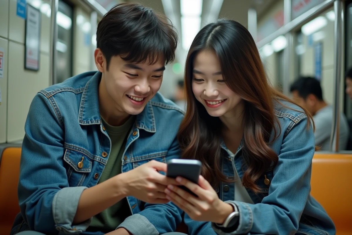 Deux amis lisant un chapitre de manga sur smartphone dans le métro, scène urbaine authentique et moderne