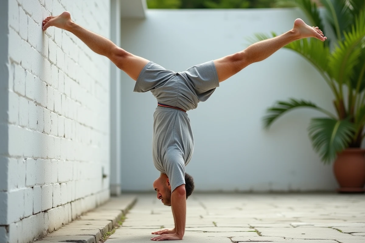 Homme en équilibre en appui renversé contre un mur pour muscler les épaules sans matériel