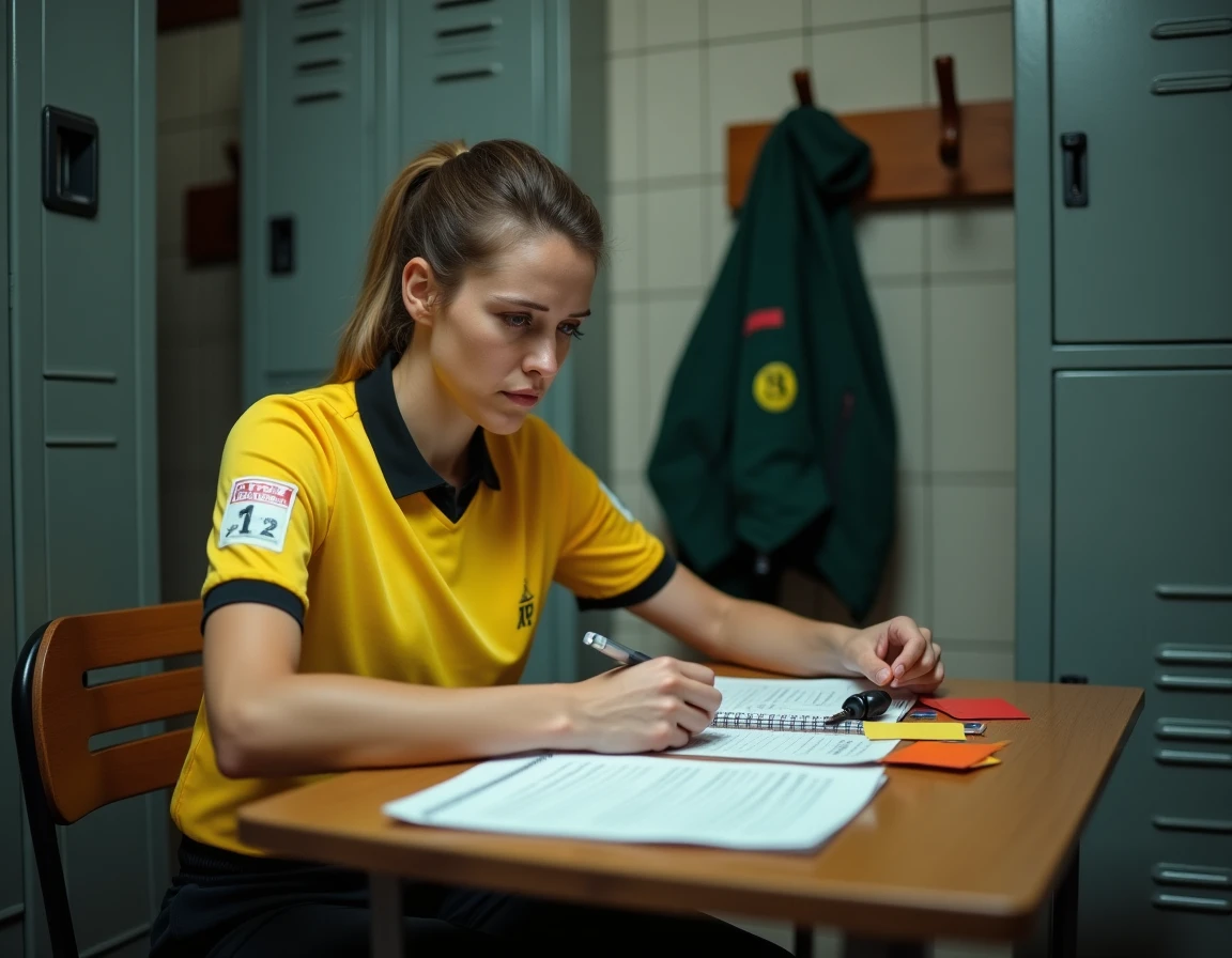 Arbitre féminine préparant ses documents officiels dans un vestiaire avant un match