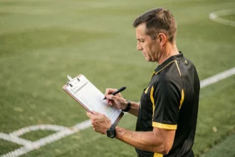 Arbitre de football en Vendée consultant une feuille de match sur un terrain officiel