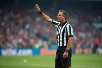Arbitre de football signalant une faute sur le bord du terrain lors d'un match officiel
