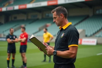 Arbitre de rugby en division fédérale française expliquant les nouvelles règles 2026 à des joueurs sur le terrain