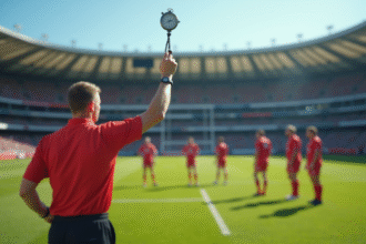 Arbitre rugby levant le chronometre sur un terrain en plein jour