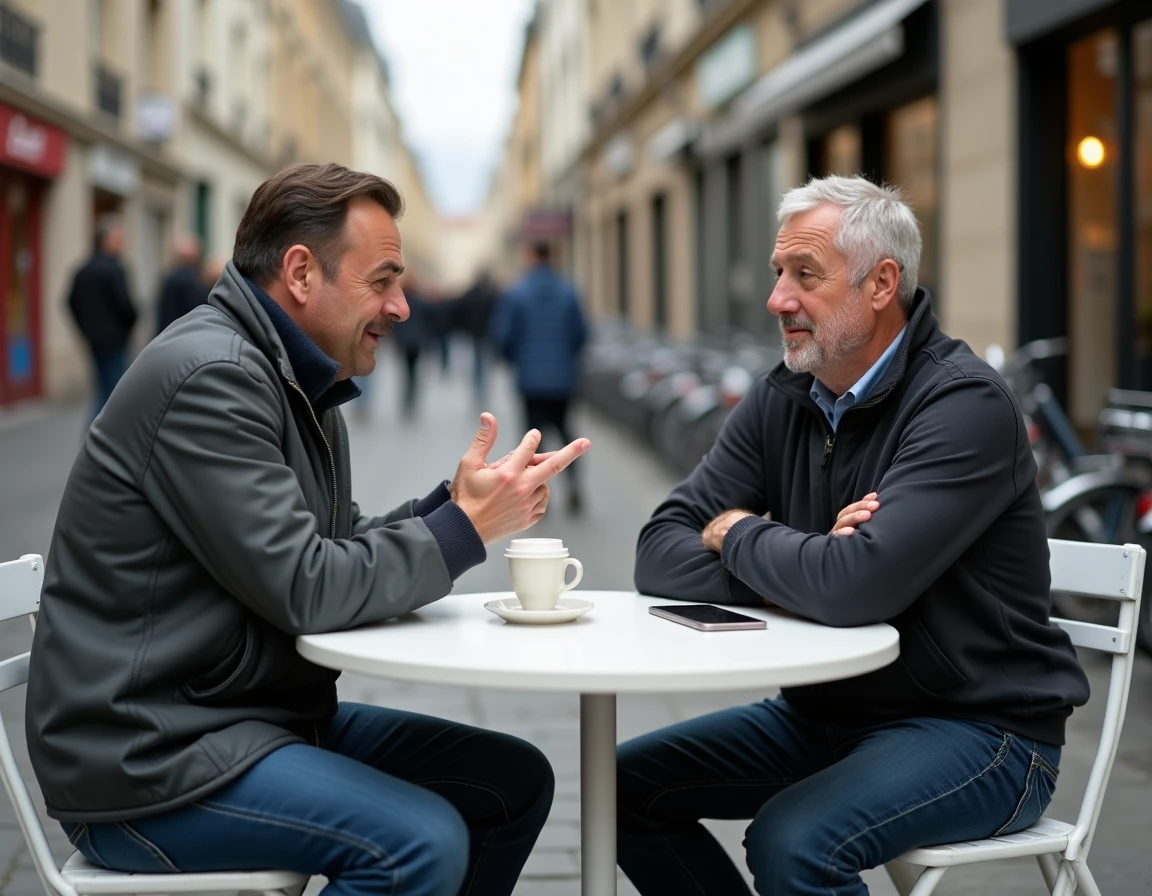 Deux arbitres en civil discutant de leur métier autour d'un café en terrasse urbaine