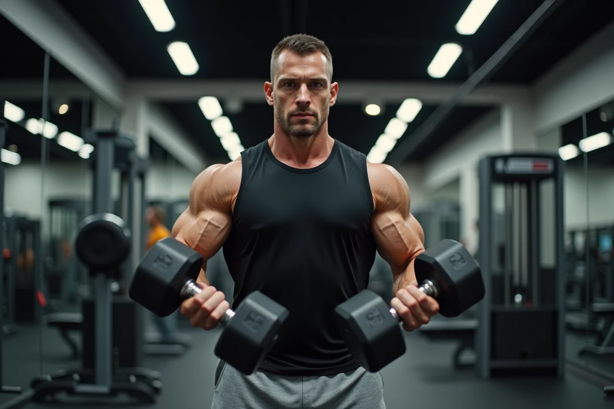 Homme musclé exécutant un Arnold press avec haltères pour développer les épaules en salle