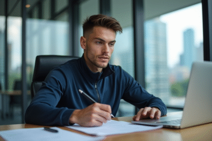 Jeune athlète en bureau examine propositions de sponsoring