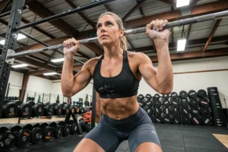 Athlète CrossFit féminine effectuant des tractions au bar dans une salle de CrossFit industrielle, préparation Open CrossFit 2026