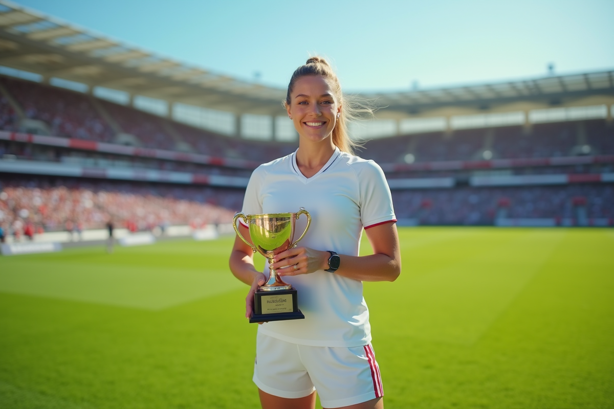 Femme athlète avec trophée sur terrain extérieur