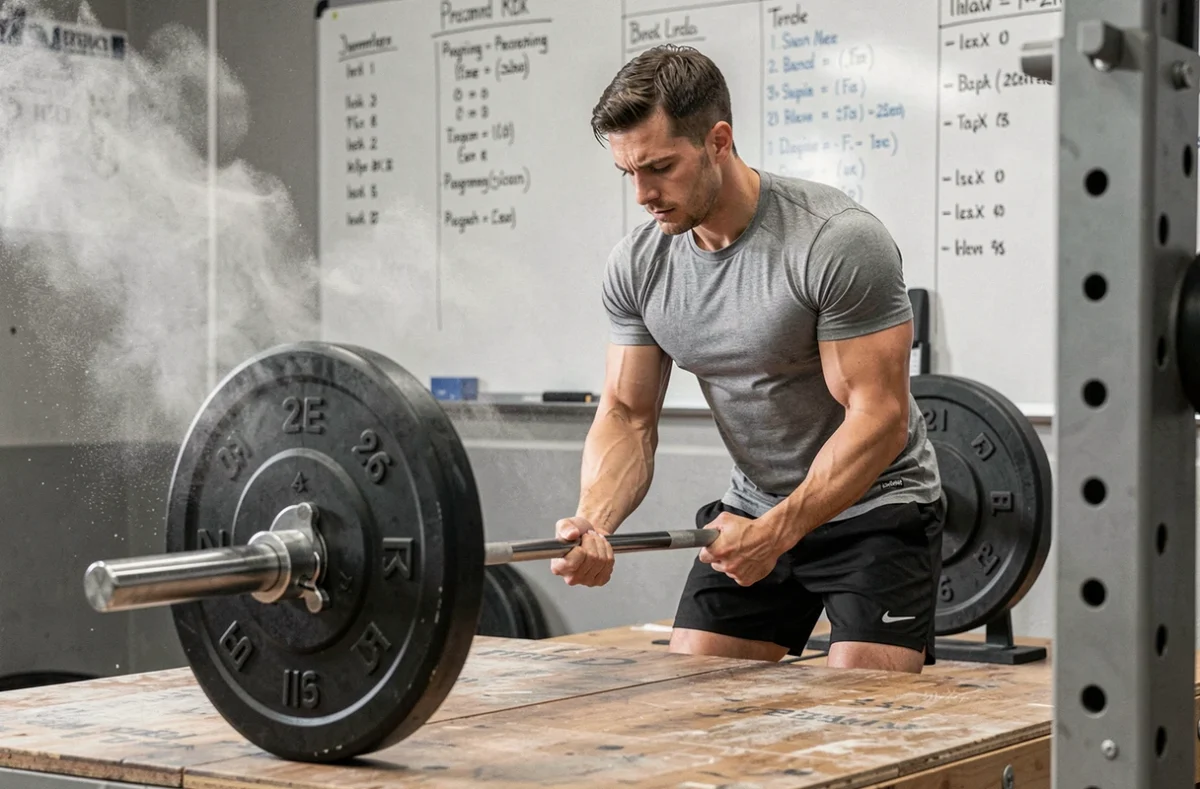 Athlète masculin chargeant une barre olympique sur une plateforme de levage dans un CrossFit box, structuration de programme Open 2026