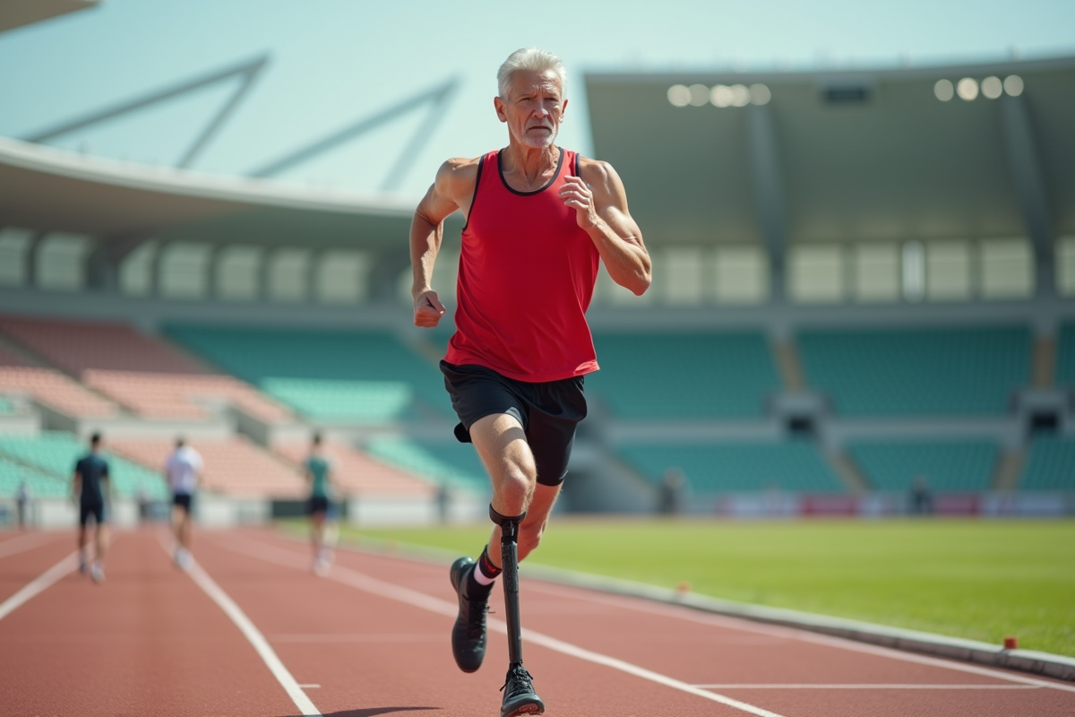 Athlète paralympique courant sur piste extérieure avec prothèse