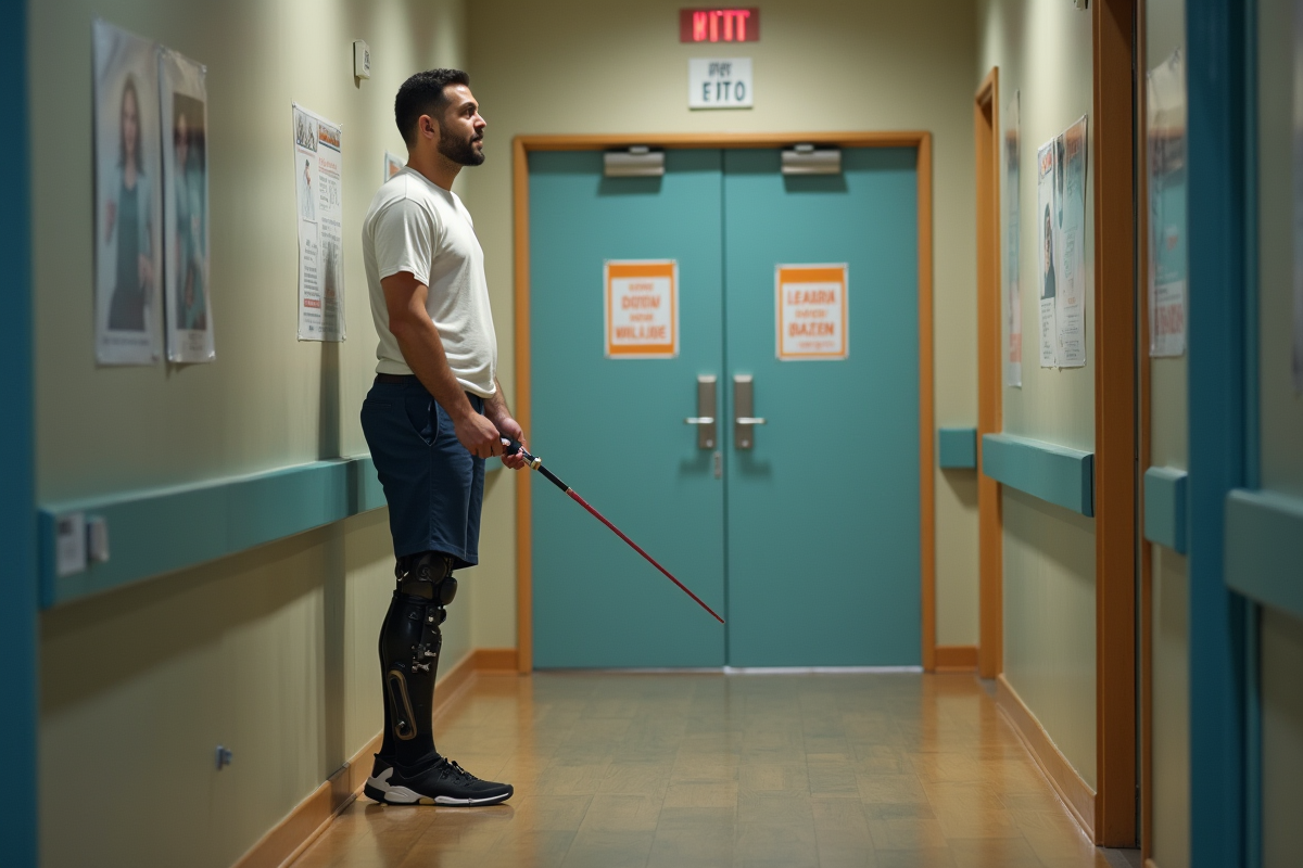 Homme athlète avec prothese tenant un fleuret devant une porte