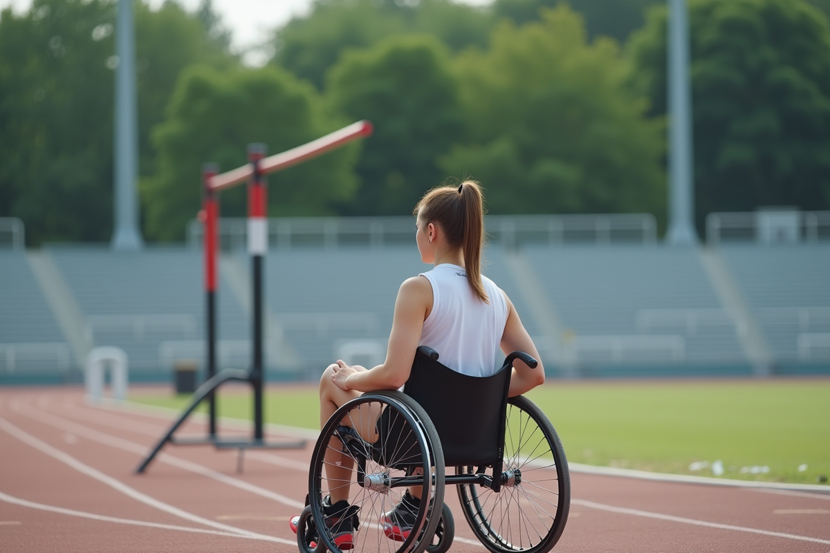 Jeune athlète en fauteuil regardant un saut en hauteur