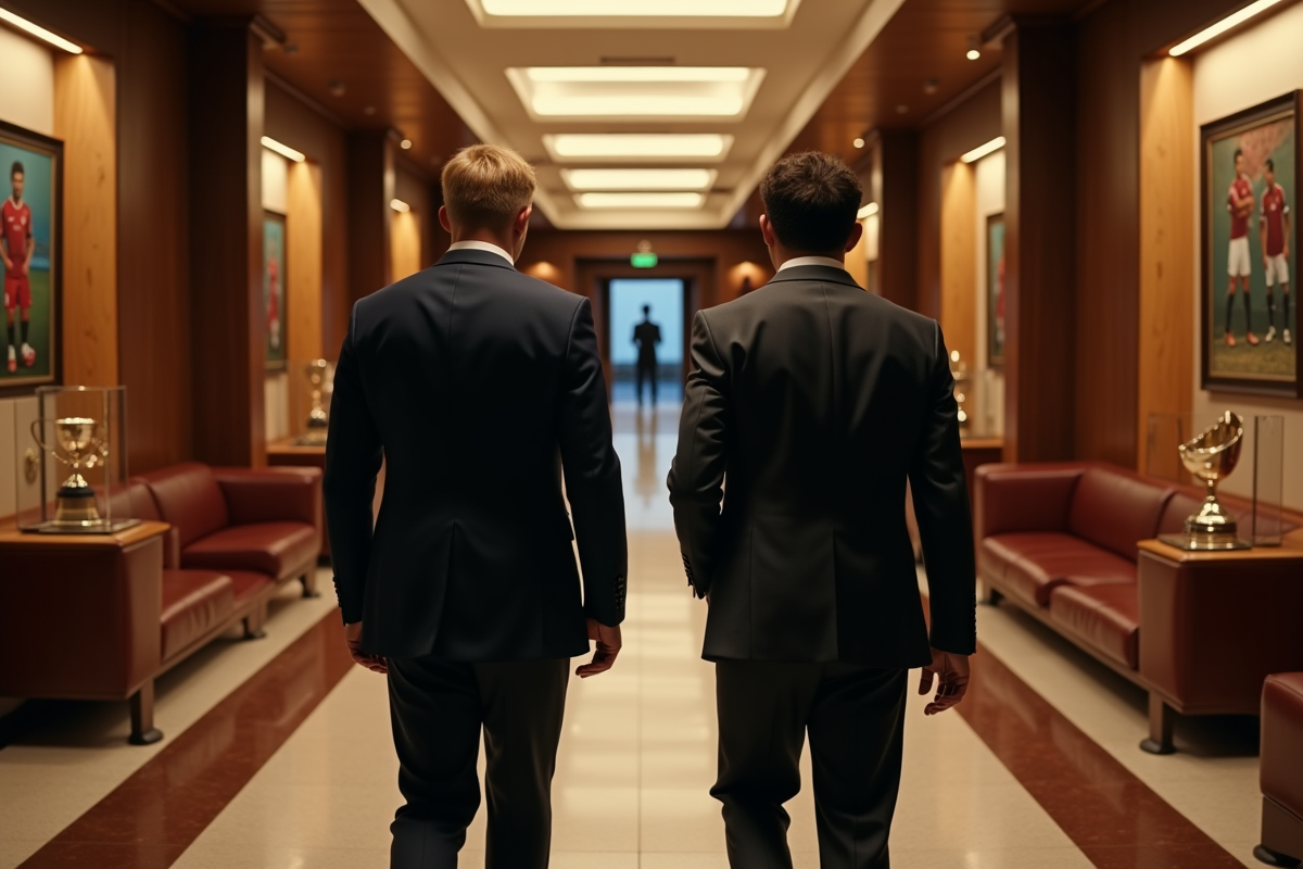 Deux sportifs marchant dans un couloir de stade luxueux