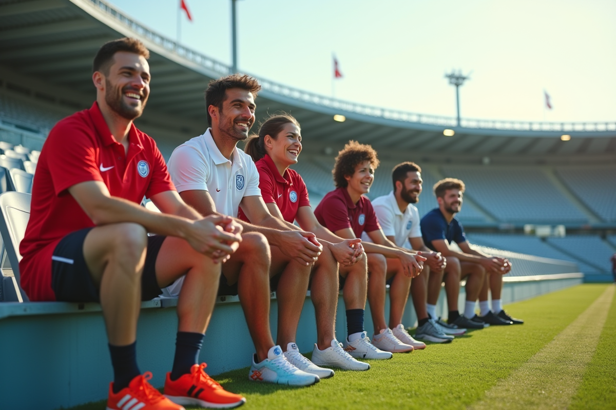 Cinq athlètes légendaires discutent dans le stade