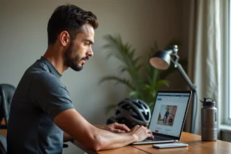 Homme consultant le site Deporvillage sur un ordinateur portable pour commander des équipements sportifs
