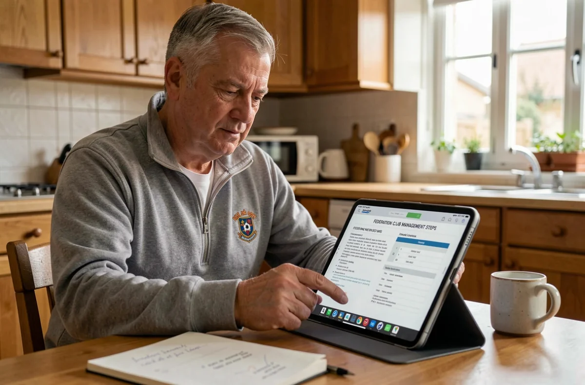 Bénévole d'un club amateur utilisant sa tablette pour naviguer entre Footclub Login et le portailclubs FFF depuis son domicile