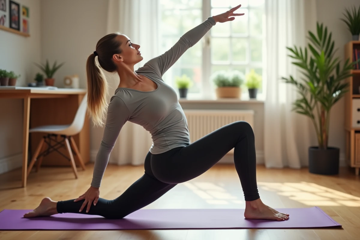 Femme réalisant l'exercice bird-dog sur tapis de yoga chez elle pour renforcer le dos et le gainage