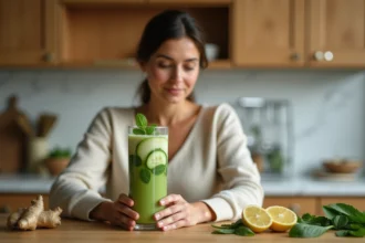 Femme tenant un verre de smoothie détox vert à la cuisine pour perdre du ventre naturellement
