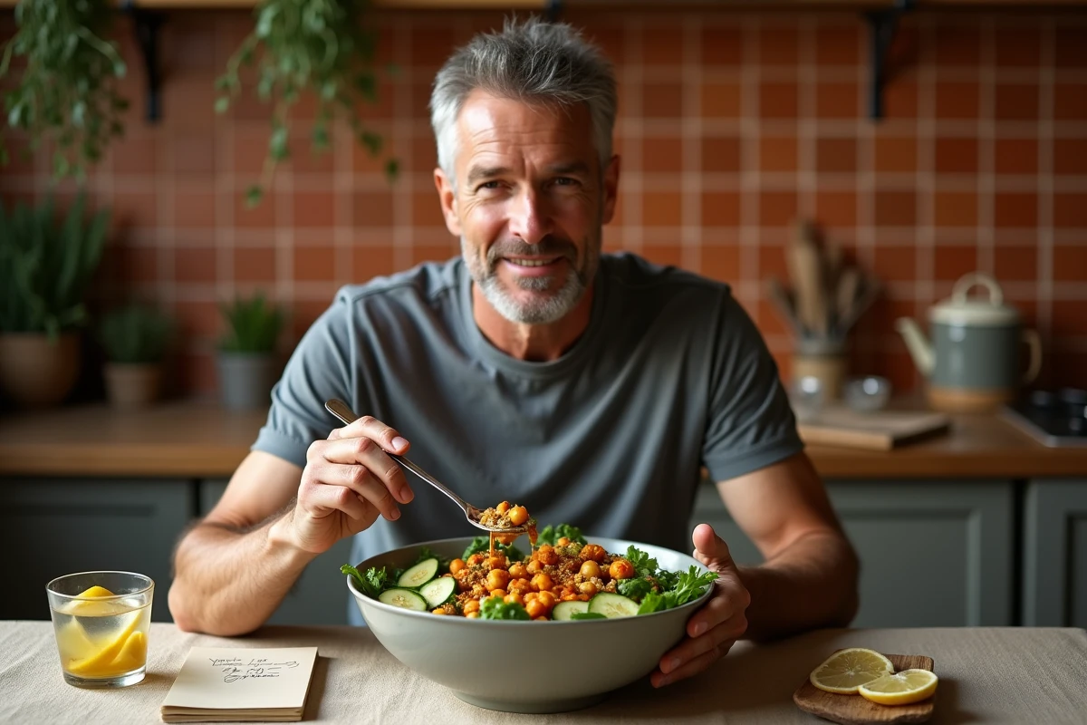 Homme mangeant un bol de salade nutritive pour réduire la graisse abdominale