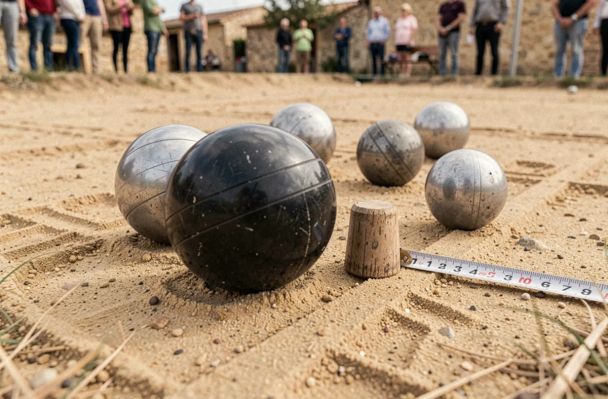 Gros plan sur la boule noire au plus proche du cochonnet avec un mètre ruban pour mesurer la distance lors d'une partie de pétanque
