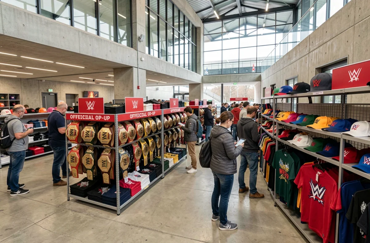 Vue d'ensemble d'une boutique de merchandising WWE officielle dans un hall de salle parisienne