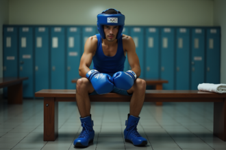 Jeune boxeur olympique en vestiaire contemplatif