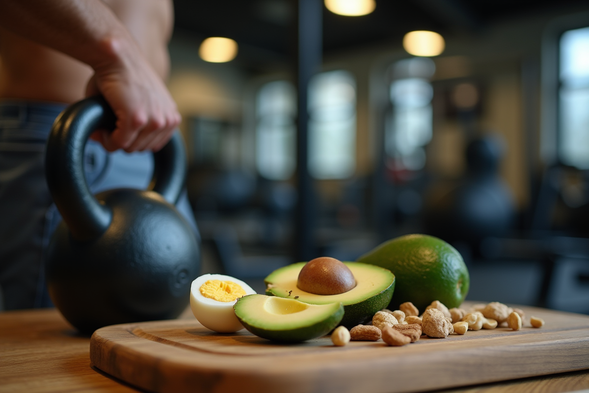 Bras d homme tenant une kettlebell avec aliments keto en premier plan