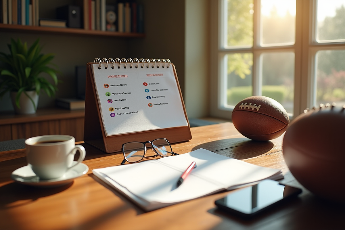 Bureau en bois avec calendrier football et café en lumière naturelle