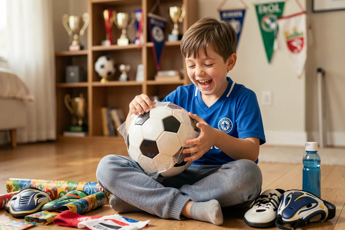 Enfant de 11 ans qui déballe un cadeau de ballon de football dans sa chambre décorée aux couleurs du foot