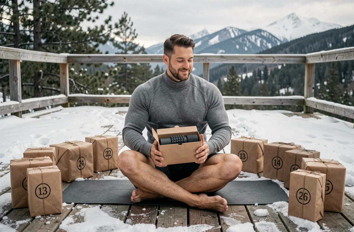 Homme athlétique assis en tailleur sur une terrasse enneigée entouré de cadeaux d'un calendrier de l'Avent sportif avec vue sur la montagne
