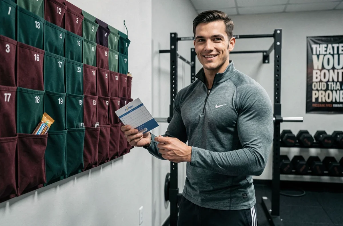 Homme en tenue de running découvrant le contenu d'un calendrier de l'Avent sportif accroché au mur d'une salle de sport à domicile