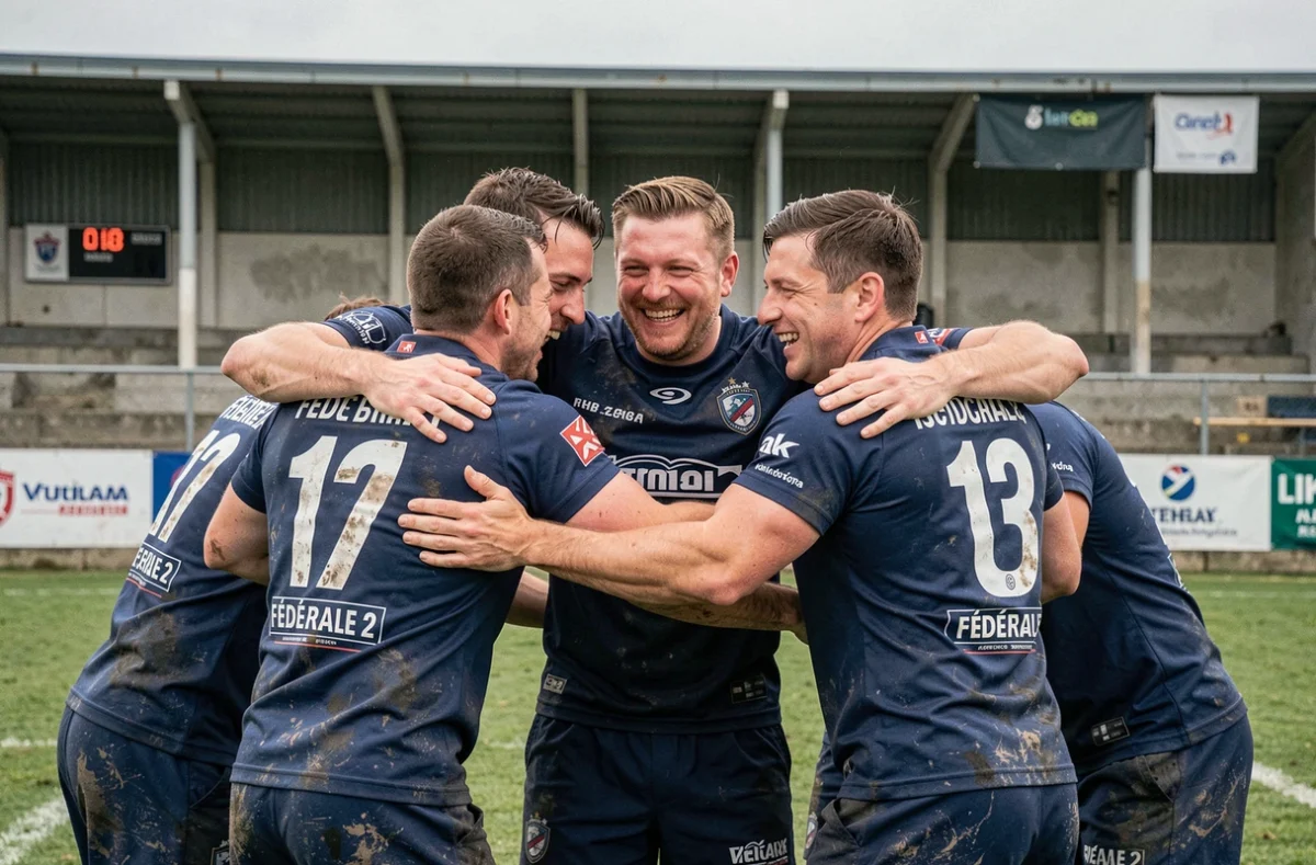 Joueurs de rugby en fête après la victoire lors d'une journée de Fédérale 2, ambiance conviviale sur le terrain