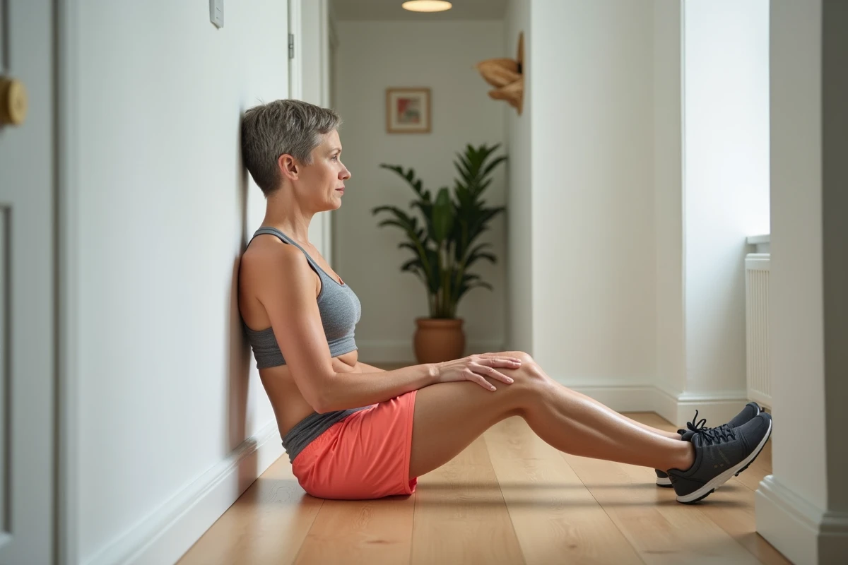 Femme en position de chaise contre un mur pour muscler les cuisses et les jambes chez soi