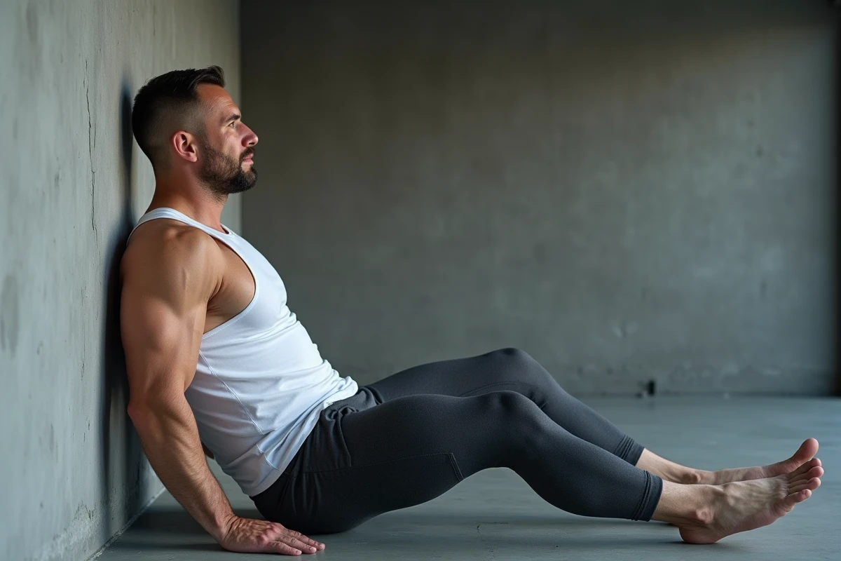 Homme en position de chaise contre un mur en béton pour muscler les quadriceps sans équipement