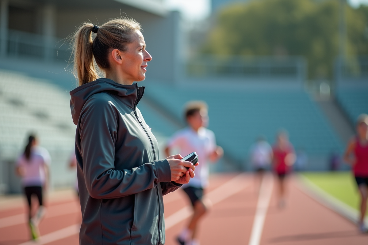 Entraîneuse expérimentée observant les jeunes athlètes en course
