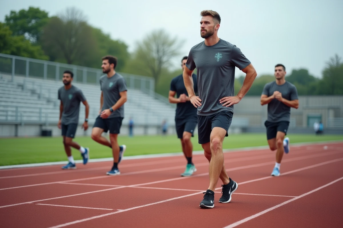 Coach sportif titulaire du BPJEPS animant une séance d'échauffement collectif sur une piste d'athlétisme en plein air