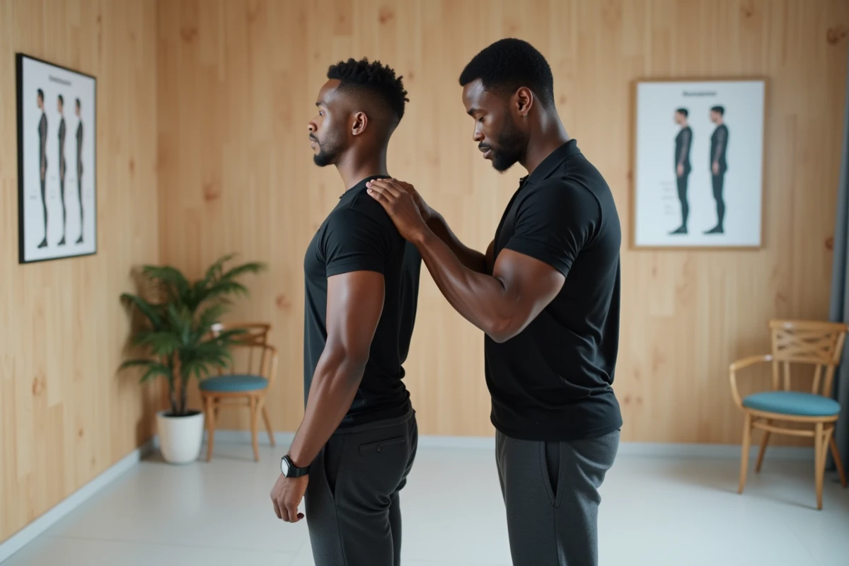 Coach sportif corrigeant la posture voûtée d'un client dans un studio de fitness moderne