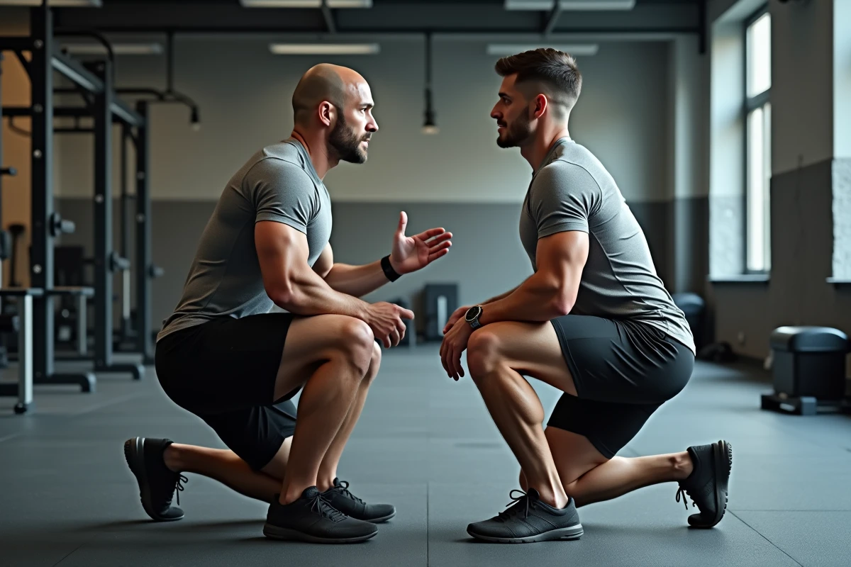 Coach sportif en formation CQP encadrant un exercice de musculation avec un stagiaire en salle de sport
