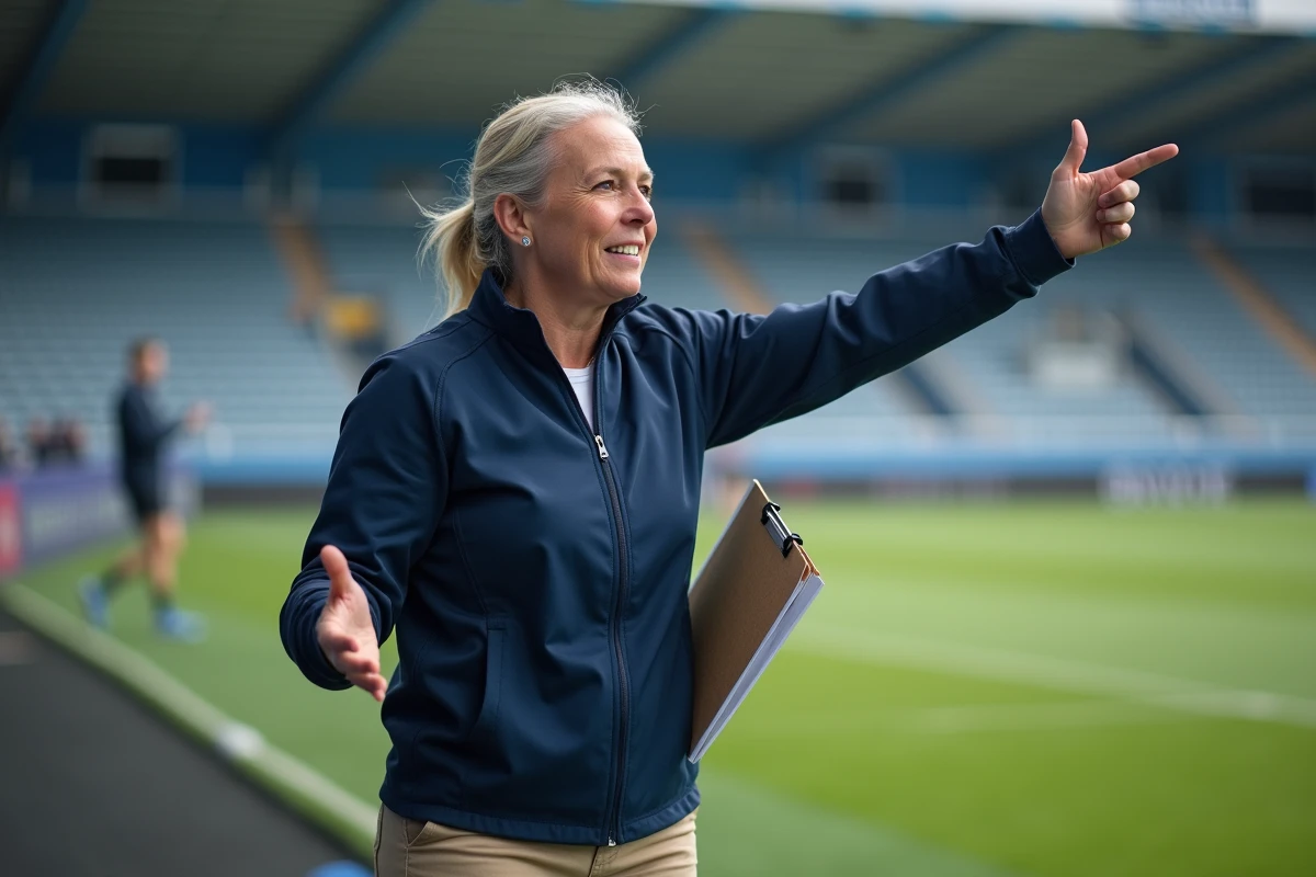 Entraîneuse de rugby en discussion sur le bord du terrain
