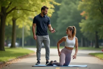 Coach sportif à Angers guidant une femme de 40 ans dans des exercices d'étirement en douceur dans un parc urbain